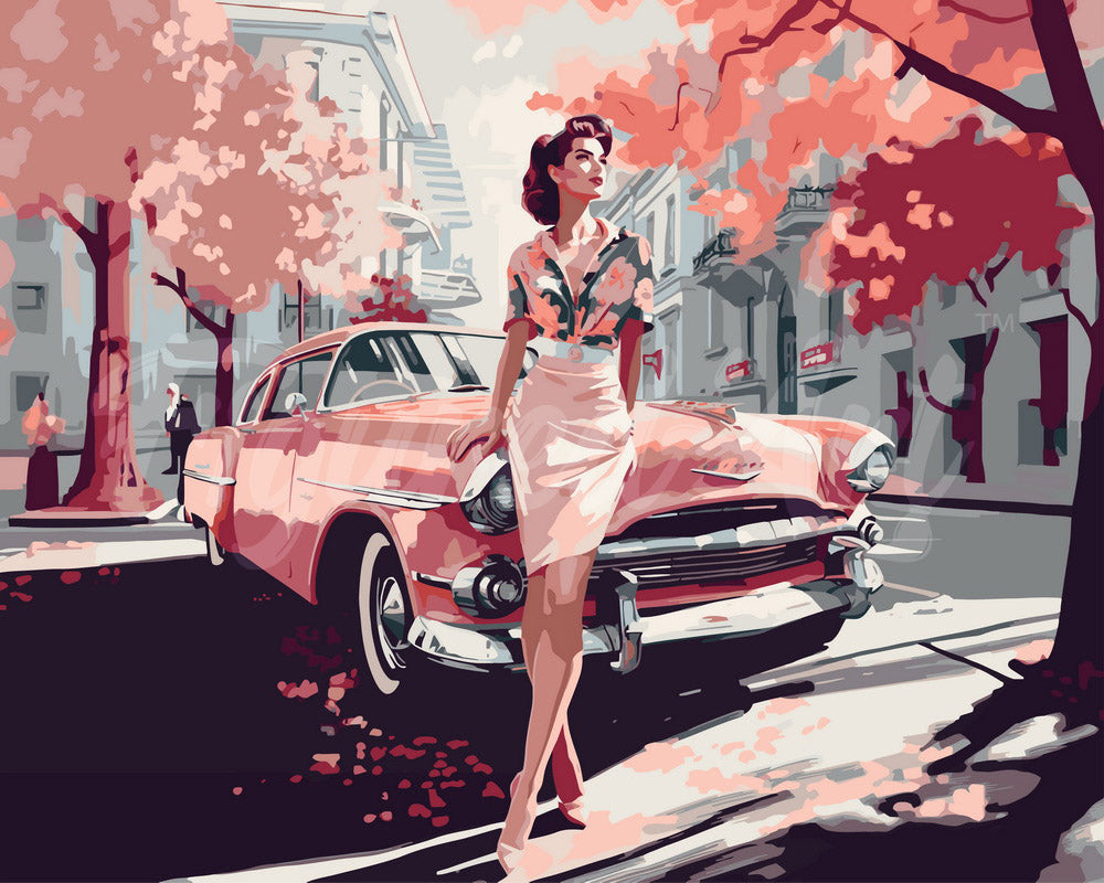 Paint by numbers kit for adults Lady and Pink Classic Car Figured'Art UK