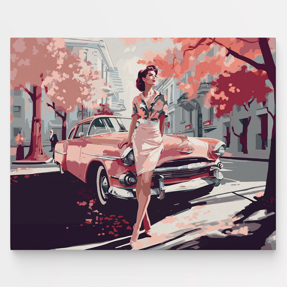 Lady and Pink Classic Car