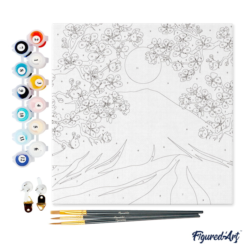 Mini Paint by numbers Cherry blossom and Fuji Mt. 20x20cm already framed