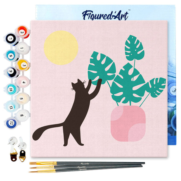 Mini Paint by numbers Cat plays with Monstera 20x20cm already framed
