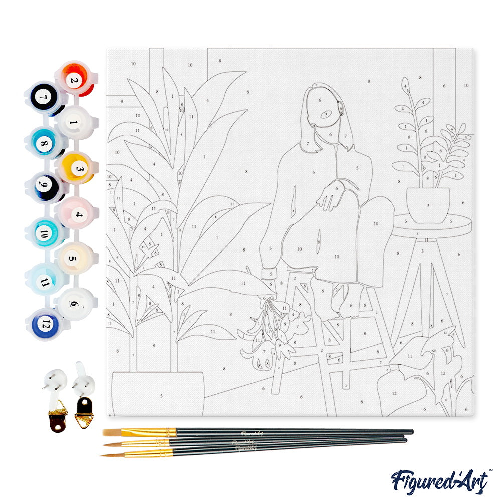 Mini Paint by numbers Woman in the room with plants 20x20cm already framed