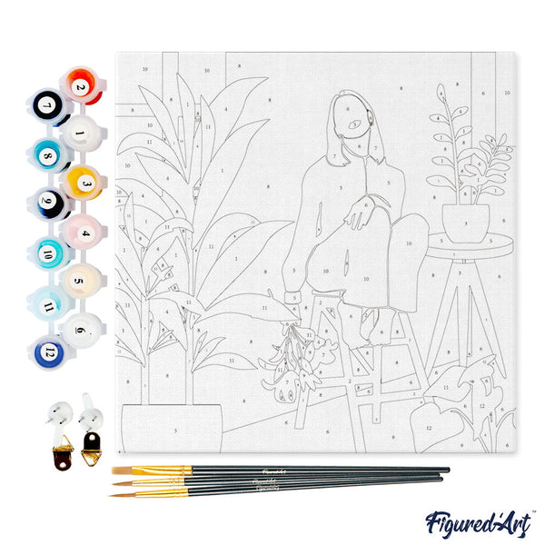 Mini Paint by numbers Woman in the room with plants 20x20cm already framed