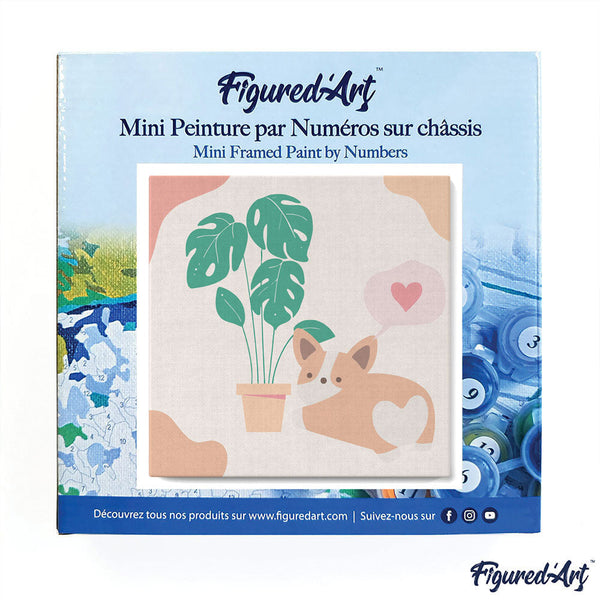 Mini Paint by numbers Little Puppy Loves Monstera 20x20cm already framed