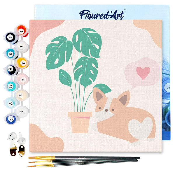 Mini Paint by numbers Little Puppy Loves Monstera 20x20cm already framed
