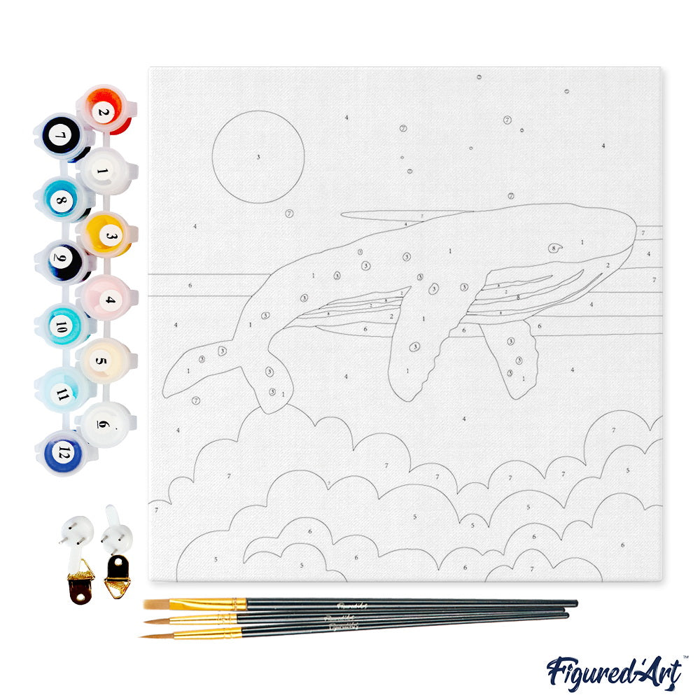Mini Paint by numbers Pastel Flying Whale 20x20cm already framed