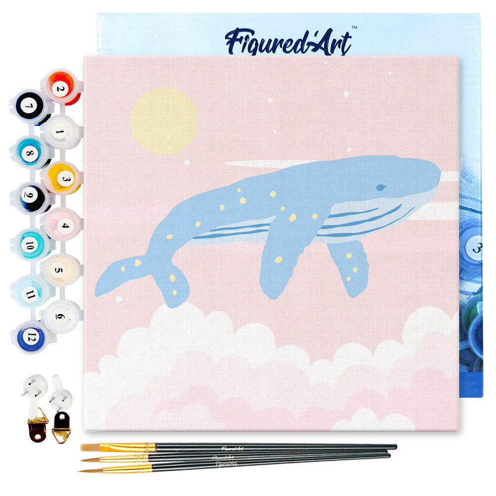 Mini Paint by numbers Pastel Flying Whale 20x20cm already framed
