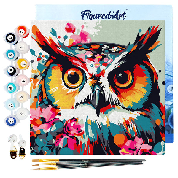Mini Paint by numbers Fantasy owl with flowers 20x20cm already framed