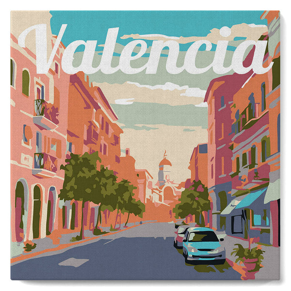 Mini Paint by numbers Travel Poster Valencia 20x20cm already framed Figured'Art UK