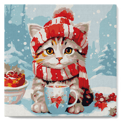 Mini Paint by numbers Cute cat in Red Scarf 20x20cm already framed Figured'Art UK