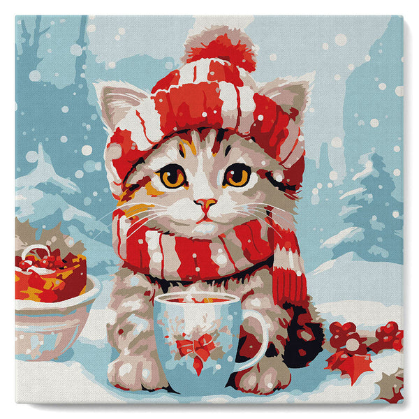 Mini Paint by numbers Cute cat in Red Scarf 20x20cm already framed Figured'Art UK