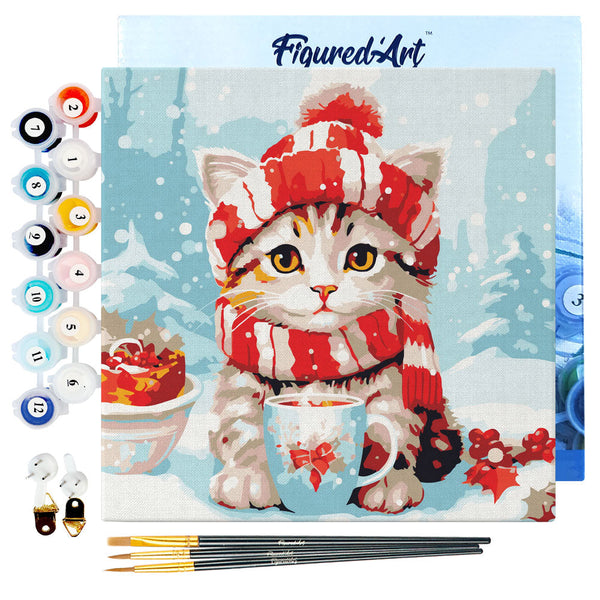 Mini Paint by numbers Cute cat in Red Scarf 20x20cm already framed