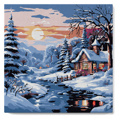 Mini Paint by numbers Lovely Winter Cottage 20x20cm already framed Figured'Art UK