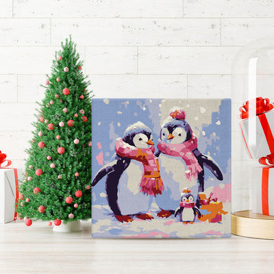 Mini Paint by numbers Penguin Family in Snow 20x20cm already framed