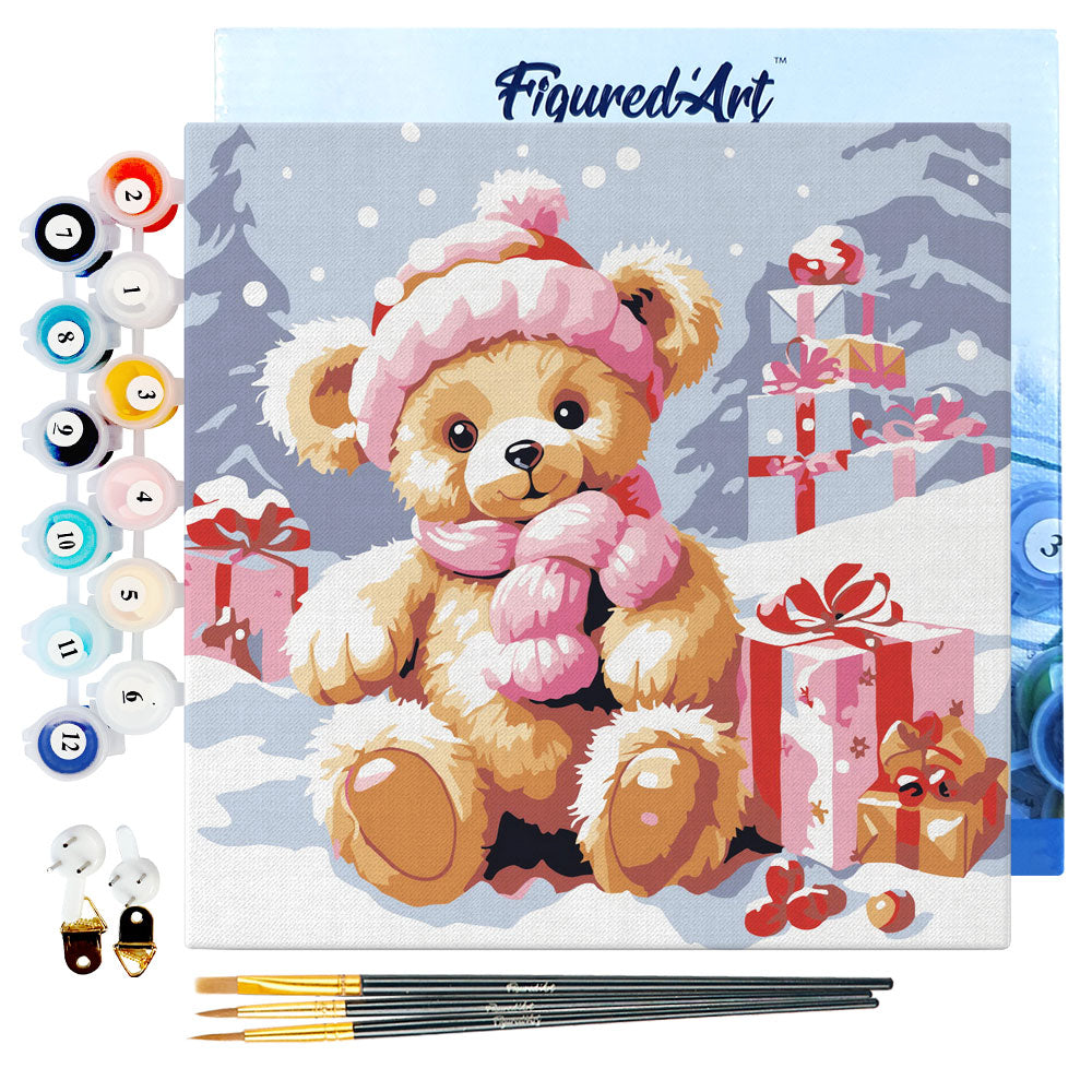Mini Paint by numbers Teddy Bear and the Gifts 20x20cm already framed